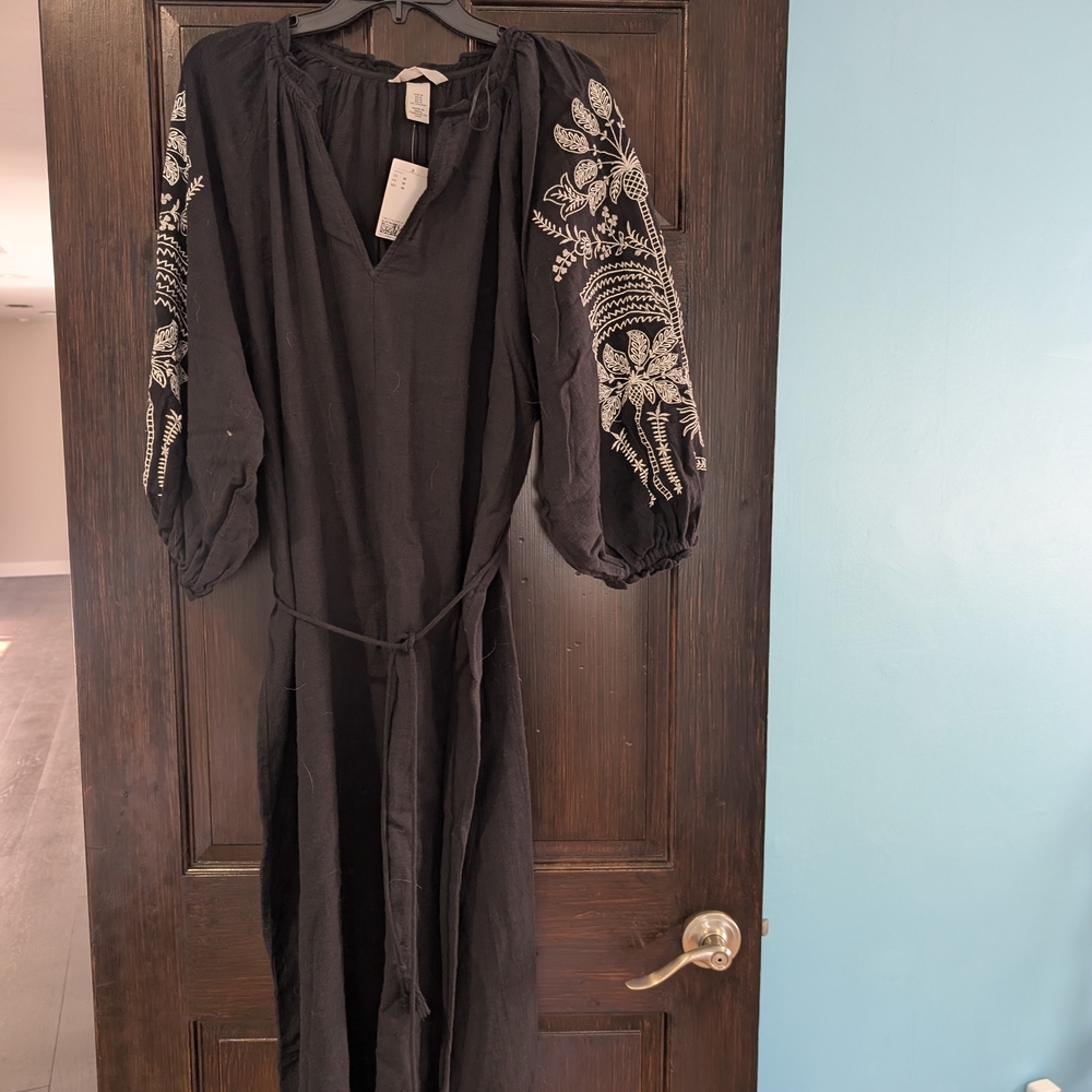H&M Black Dress with White Floral Embroidery